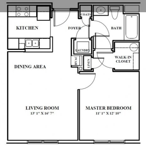 Floor plan for 1 bed, 1 bath, 649 sqft